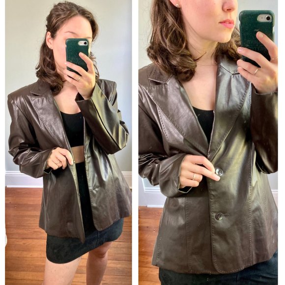 Vintage 100% Leather Y2K Chocolate Brown Blazer Jacket - Picture 1 of 9